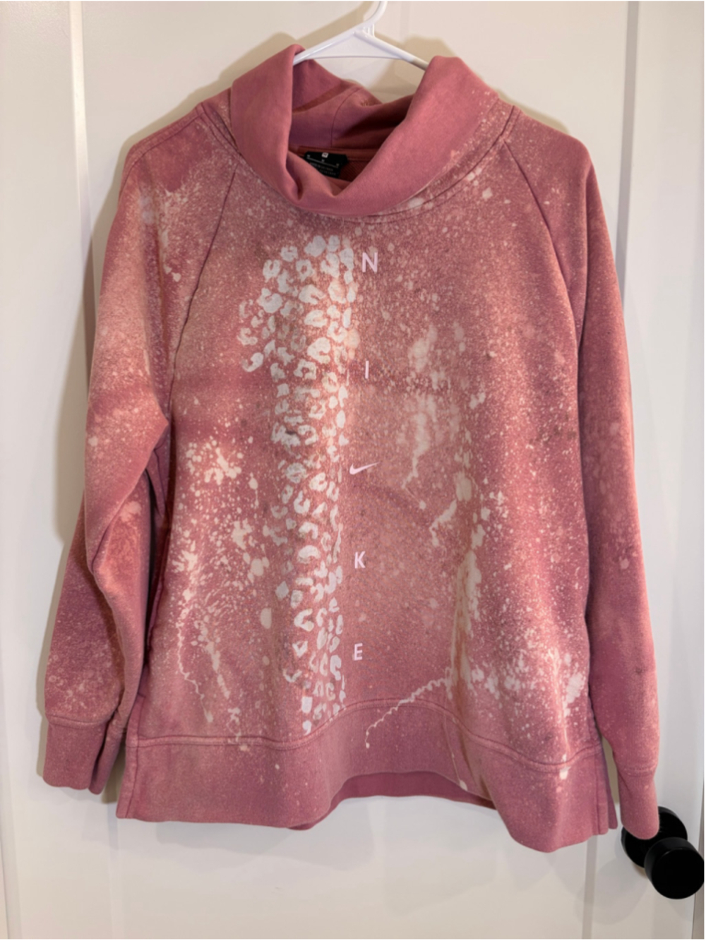Women's Nike Custom Bleached Funnel Neck Sweatshirt Mauve Pink Leopard Medium